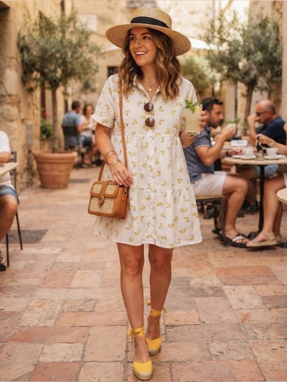 Garden Girl: White Babydoll Dress with Yellow Banana Print 🍌